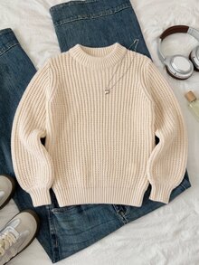 SHEIN 兒童青少年女孩純色圓領長袖休閒秋季毛衣 - 杏色 - 查看 7