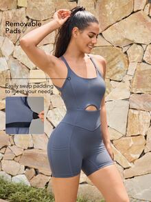 OutZeal Women Sports Jumpsuits Gym Workout Yoga Sweat Wicking Bra-In Cut-Out Back Knotted Solid Color Romper - Dusty Blue - View 4