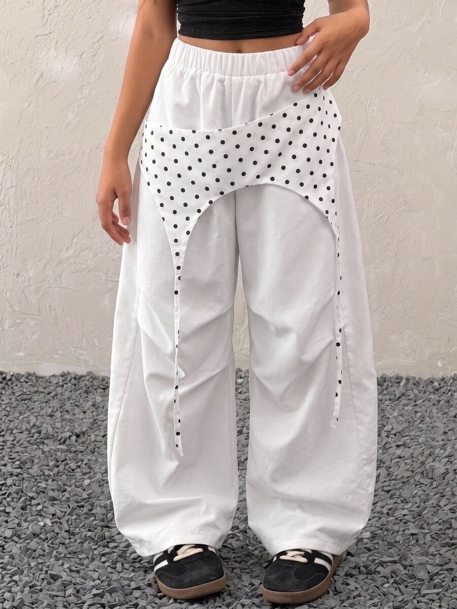 Tween Girls Color Block Parachute Pants, Polka Dot Y2K Baggy Hip Hop Family Matching - White - View 1