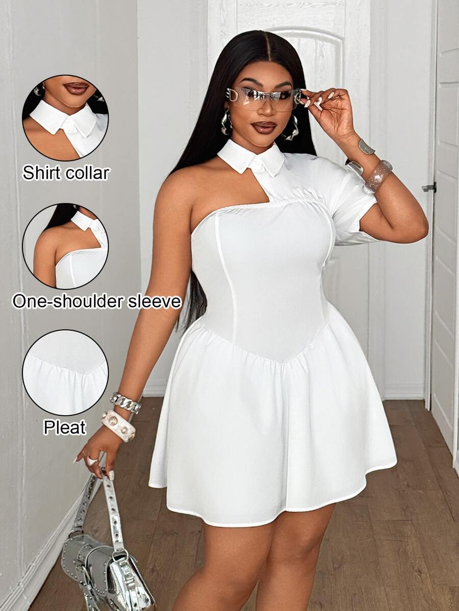 Maweii Plus Size Women Solid Color Asymmetric Design Casual Dress - White - View 1