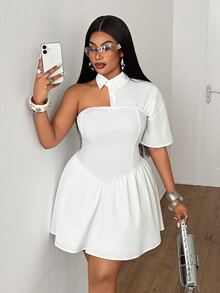 Maweii Plus Size Women Solid Color Asymmetric Design Casual Dress - White - View 4