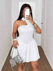 Maweii Plus Size Women Solid Color Asymmetric Design Casual Dress - White - View 3