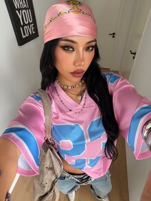 Coolane 男女款夏季街頭風圖案休閒運動日數字圖案粉色短袖寬鬆V領T恤，適合日常外出 - 粉色 - 查看 4