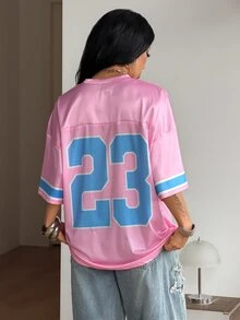 Coolane 男女款夏季街頭風圖案休閒運動日數字圖案粉色短袖寬鬆V領T恤，適合日常外出 - 粉色 - 查看 5