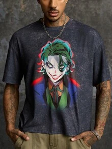 JOKER X SHEIN تي شيرت رجالي صيفي كاجوال بطبعة كرتون مهرج - الأسود - مشاهدة 3