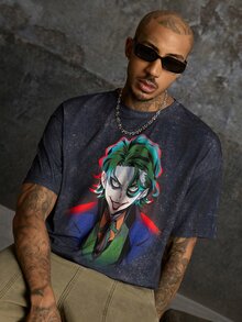 JOKER X SHEIN تي شيرت رجالي صيفي كاجوال بطبعة كرتون مهرج - الأسود - مشاهدة 8