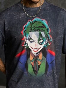 JOKER X SHEIN تي شيرت رجالي صيفي كاجوال بطبعة كرتون مهرج - الأسود - مشاهدة 6