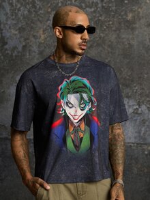 JOKER X SHEIN تي شيرت رجالي صيفي كاجوال بطبعة كرتون مهرج - الأسود - مشاهدة 5