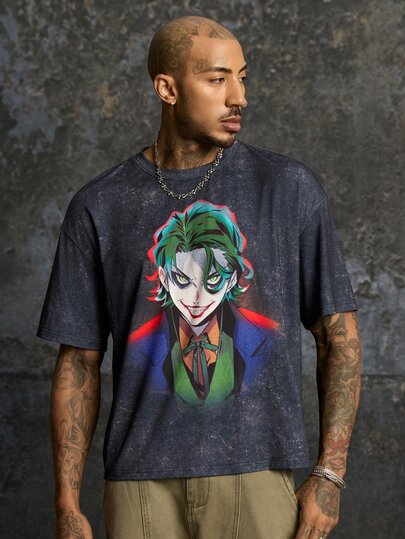 JOKER X SHEIN تي شيرت رجالي صيفي كاجوال بطبعة كرتون مهرج