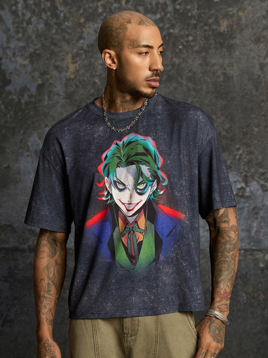 JOKER X SHEIN تي شيرت رجالي صيفي كاجوال بطبعة كرتون مهرج - الأسود - مشاهدة 1