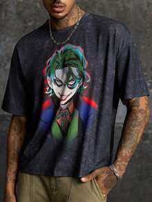 JOKER X SHEIN تي شيرت رجالي صيفي كاجوال بطبعة كرتون مهرج - الأسود - مشاهدة 4