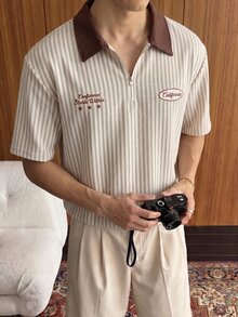 SWAVVY 男士字母條紋短袖休閒 Polo 衫 - 黑與白 - 查看 2