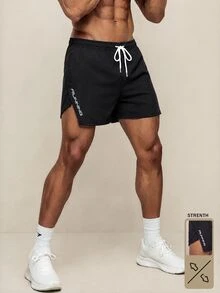 OTTIMOZO 男友風男士字母圖案抽繩腰開衩下擺運動彈性短褲，輕量黑色健身短褲 - 黑色 - 查看 1