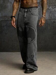 BATMAN X SHEIN Men's Casual Versatile Daily Travel Denim Jeans With Pockets And Buttons - Dark Grey - View 4