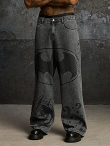 BATMAN X SHEIN Men's Casual Versatile Daily Travel Denim Jeans With Pockets And Buttons - Dark Grey - View 5