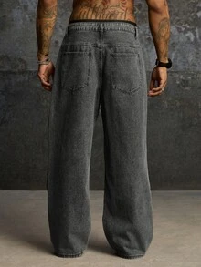 BATMAN X SHEIN Men's Casual Versatile Daily Travel Denim Jeans With Pockets And Buttons - Dark Grey - View 2