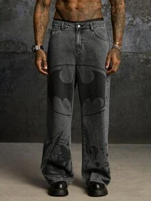 BATMAN X SHEIN Men's Casual Versatile Daily Travel Denim Jeans With Pockets And Buttons - Dark Grey - View 3
