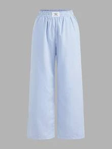 SHEIN EZwear 2件套夏季新款水洗棉条纹宽松裤 - 藍白色 - 查看 7
