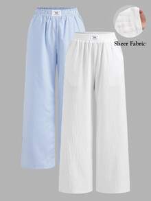 SHEIN EZwear 2件套夏季新款水洗棉条纹宽松裤 - 藍白色 - 查看 1