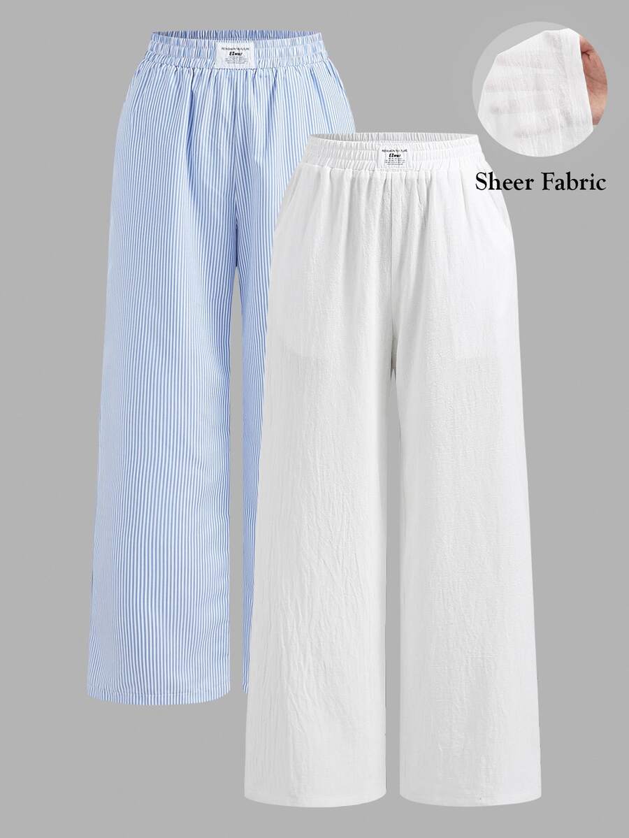 SHEIN EZwear 2件套夏季新款水洗棉条纹宽松裤 - 藍白色 - 查看 1