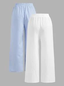 SHEIN EZwear 2件套夏季新款水洗棉条纹宽松裤 - 藍白色 - 查看 2