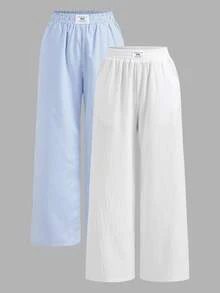 SHEIN EZwear 2件套夏季新款水洗棉条纹宽松裤 - 藍白色 - 查看 10