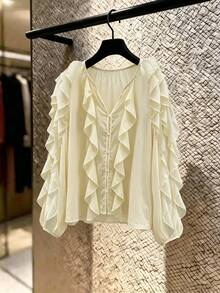 Easura Women's Plus Size Spring/Summer Elegant Commute Versatile Apricot Solid Color, Ruffle Design Loose Fit Women's Plus Size Top, Suitable For Spring/Summer Wear - Apricot - View 4