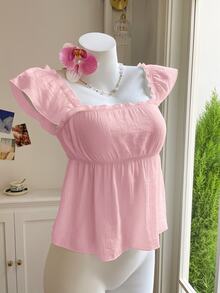 Comfortcana Women's Casual Square Neck Woven Pink T-Shirt, Summer - Pink - View 6