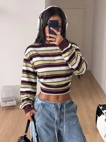 Coolane 女款條紋落肩長袖短版休閒衛衣 - 棕色 - 查看 4