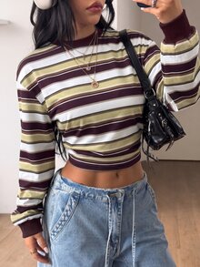 Coolane 女款條紋落肩長袖短版休閒衛衣 - 棕色 - 查看 1