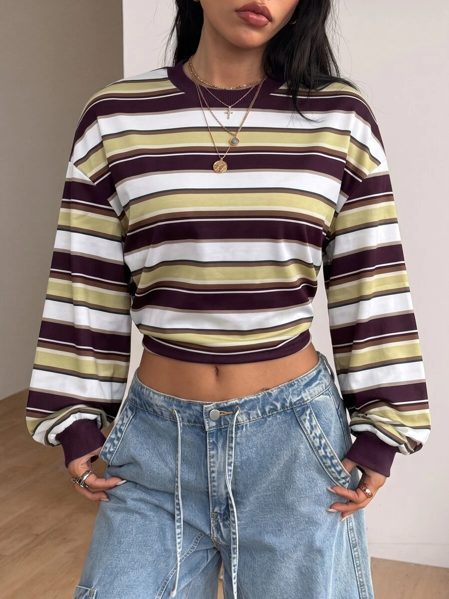 Coolane Women's Striped Drop Shoulder Long Sleeve Cropped Casual Sweatshirt - Brown - View 1