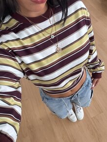 Coolane 女款條紋落肩長袖短版休閒衛衣 - 棕色 - 查看 3