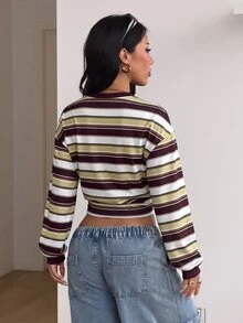 Coolane 女款條紋落肩長袖短版休閒衛衣 - 棕色 - 查看 7