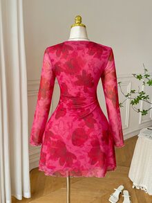 Comfortcana Autumn Pink Floral Mesh Print Flare Sleeve V-Neck Vacation Casual Fairycore Boho Plus Size A-Line Dress - Hot Pink - View 5