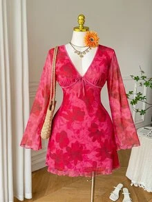 Comfortcana Autumn Pink Floral Mesh Print Flare Sleeve V-Neck Vacation Casual Fairycore Boho Plus Size A-Line Dress - Hot Pink - View 2