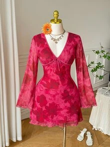 Comfortcana Autumn Pink Floral Mesh Print Flare Sleeve V-Neck Vacation Casual Fairycore Boho Plus Size A-Line Dress - Hot Pink - View 7