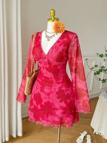 Comfortcana Autumn Pink Floral Mesh Print Flare Sleeve V-Neck Vacation Casual Fairycore Boho Plus Size A-Line Dress - Hot Pink - View 4