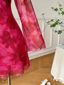 Comfortcana Autumn Pink Floral Mesh Print Flare Sleeve V-Neck Vacation Casual Fairycore Boho Plus Size A-Line Dress - Hot Pink - View 8