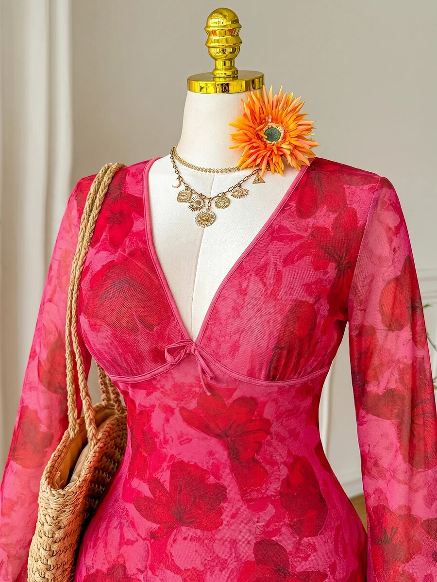 Comfortcana Autumn Pink Floral Mesh Print Flare Sleeve V-Neck Vacation Casual Fairycore Boho Plus Size A-Line Dress - Hot Pink - View 1