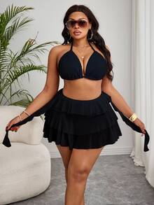 Slaydiva Đồ bơi hai mảnh nữ size lớn, áo cổ yếm màu trơn và quần nhiều tầng bèo nhún - màu đen - Xem 3