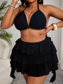 Slaydiva Đồ bơi hai mảnh nữ size lớn, áo cổ yếm màu trơn và quần nhiều tầng bèo nhún - màu đen - Xem 4