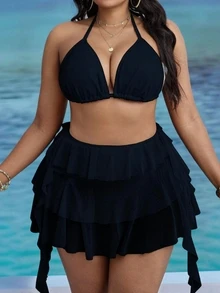 Slaydiva Đồ bơi hai mảnh nữ size lớn, áo cổ yếm màu trơn và quần nhiều tầng bèo nhún - màu đen - Xem 1