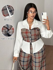 Maweii Plus Size French Collar Plaid Print 2 In 1 Shirt & Pants Set Fall - Multicolor - View 1