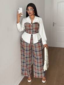 Maweii Plus Size French Collar Plaid Print 2 In 1 Shirt & Pants Set Fall - Multicolor - View 7