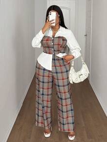 Maweii Plus Size French Collar Plaid Print 2 In 1 Shirt & Pants Set Fall - Multicolor - View 6