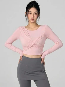 DAZY Kaos Olahraga Crop Tanpa Punggung Warna Polos dengan Detail Lilitan untuk Musim Gugur - Berwarna merah muda - View 5