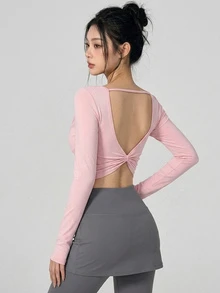 DAZY Kaos Olahraga Crop Tanpa Punggung Warna Polos dengan Detail Lilitan untuk Musim Gugur - Berwarna merah muda - View 7