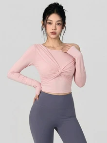DAZY Kaos Olahraga Crop Tanpa Punggung Warna Polos dengan Detail Lilitan untuk Musim Gugur - Berwarna merah muda - View 4
