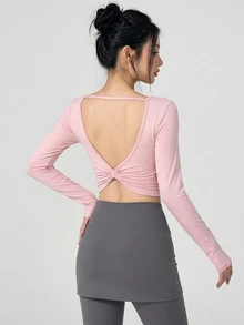 DAZY Kaos Olahraga Crop Tanpa Punggung Warna Polos dengan Detail Lilitan untuk Musim Gugur - Berwarna merah muda - View 6