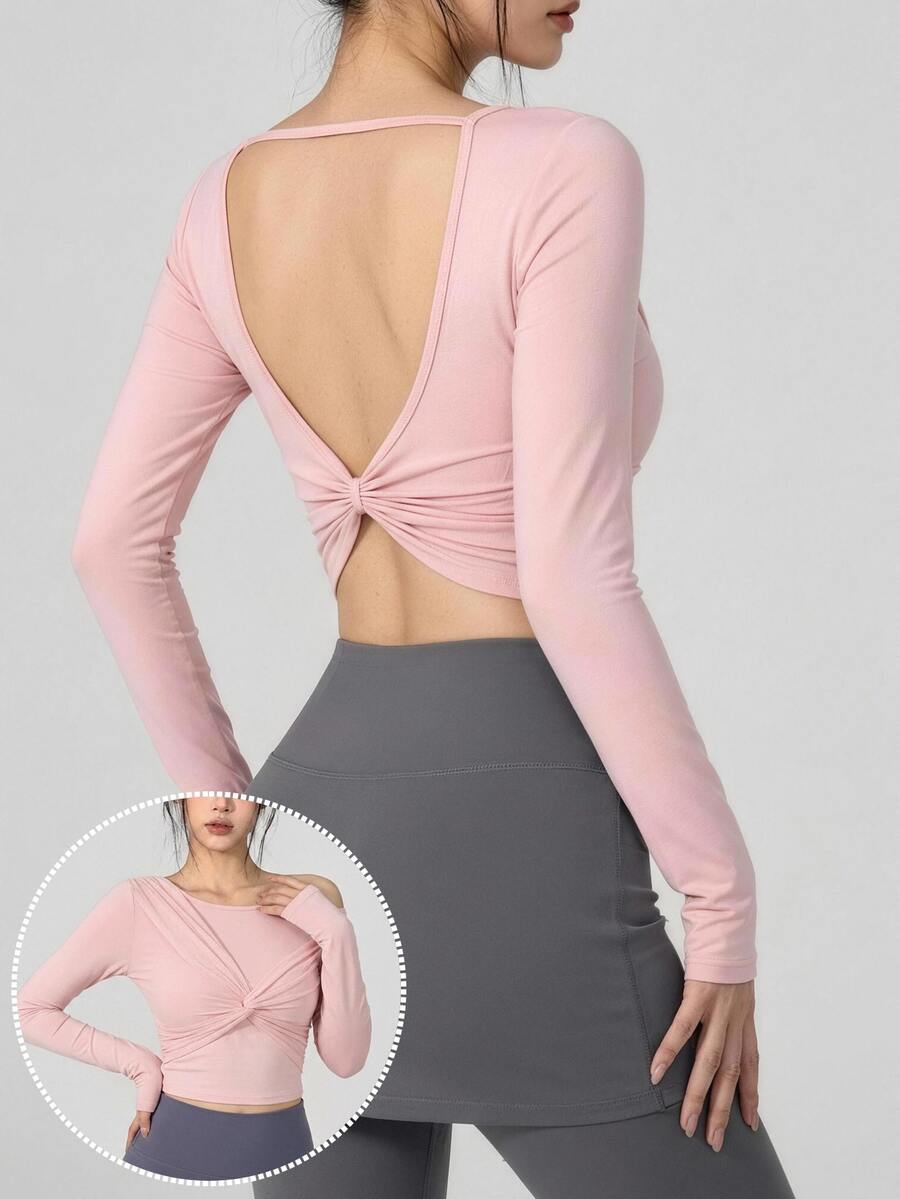 DAZY Kaos Olahraga Crop Tanpa Punggung Warna Polos dengan Detail Lilitan untuk Musim Gugur - Berwarna merah muda - View 1